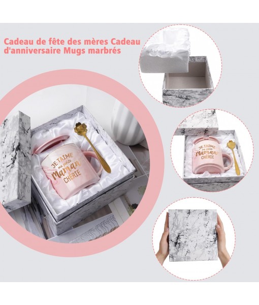 Joymaking Mom Gift, Mother's Day Gift Birthday Gift Marbled Ceramic Mug, 350ml Pink Mug Coffee Cup with Lid and Spoon Engraved Mommy Dearest Gift for Mom,Woman