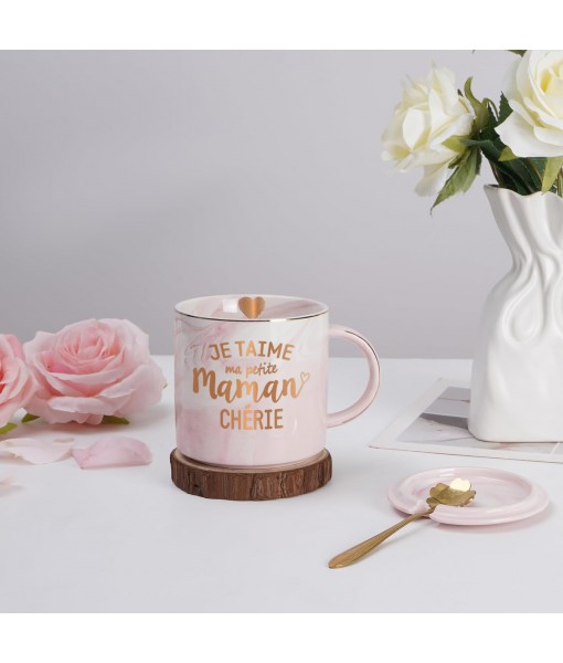 Joymaking Mom Gift, Mother's Day Gift Birthday Gift Marbled Ceramic Mug, 350ml Pink Mug Coffee Cup with Lid and Spoon Engraved Mommy Dearest Gift for Mom,Woman
