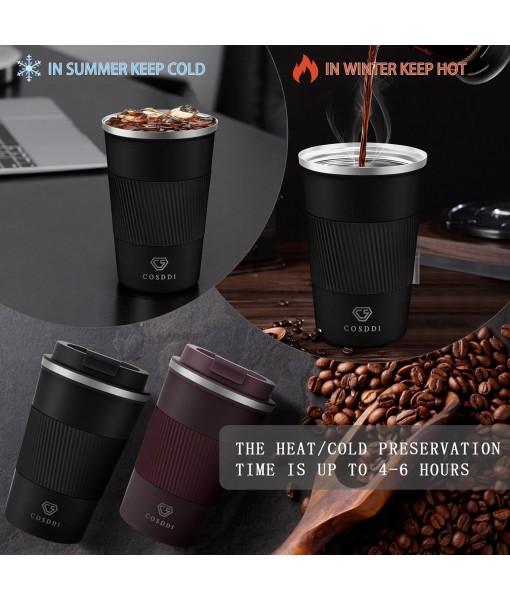CS COSDDI Coffee Mug, Insulated Coffee Mug Stainless Steel Travel Mug - Double Wall Car Mug Insulated Lid Eco-Friendly Reusable Coffee Cup
