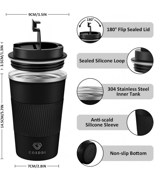 CS COSDDI Coffee Mug, Insulated Coffee Mug Stainless Steel Travel Mug - Double Wall Car Mug Insulated Lid Eco-Friendly Reusable Coffee Cup