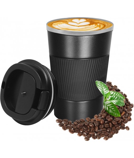 KUIRUNRX Coffee Thermos, 380ML Black Insulated Coffee Mug, Car Mug with Lid, Leakproof Coffee Travel Mug for Hot and Cold Coffee, Milk and Tea, Keep Warm for Up to 6 Hours