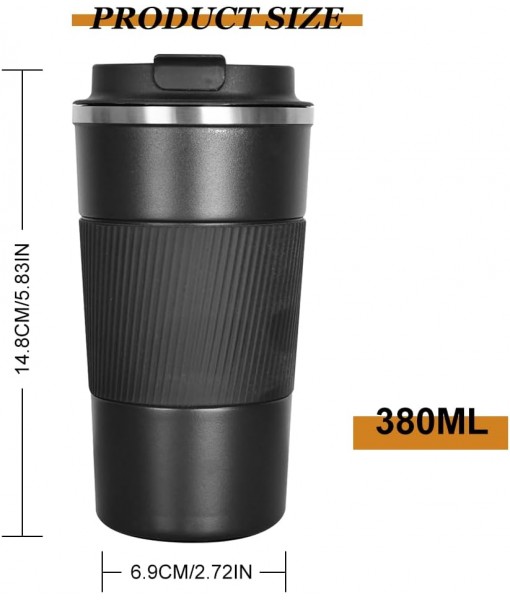 KUIRUNRX Coffee Thermos, 380ML Black Insulated Coffee Mug, Car Mug with Lid, Leakproof Coffee Travel Mug for Hot and Cold Coffee, Milk and Tea, Keep Warm for Up to 6 Hours