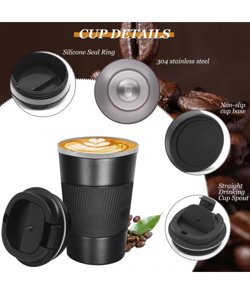 KUIRUNRX Coffee Thermos, 380ML Black Insulated Coffee Mug, Car Mug with Lid, Leakproof Coffee Travel Mug for Hot and Cold Coffee, Milk and Tea, Keep Warm for Up to 6 Hours