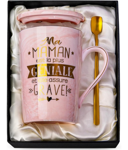 Mom Christmas Birthday Gift - My Mom Is the Most Awesome - Coffee Mug with Gold Inscription, Gift Box Idea for Mom, 400ml Ceramic Mother Mug, Lid, Spoon, Greeting Card