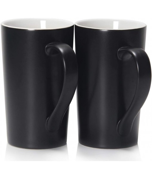 20oz/600ml Large Coffee Mugs, Smilatte M007 Tall Flat Ceramic Mug with Handle for Dad Men, Set of 2, Black