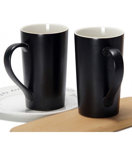 20oz/600ml Large Coffee Mugs, Smilatte M007 Tall Flat Ceramic Mug with Handle for Dad Men, Set of 2, Black