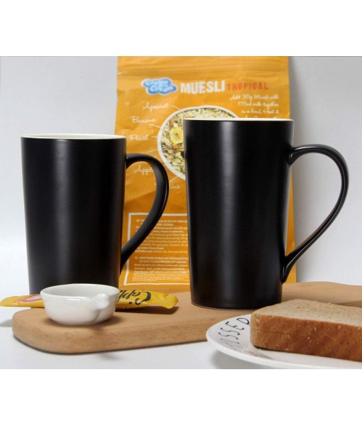 20oz/600ml Large Coffee Mugs, Smilatte M007 Tall Flat Ceramic Mug with Handle for Dad Men, Set of 2, Black
