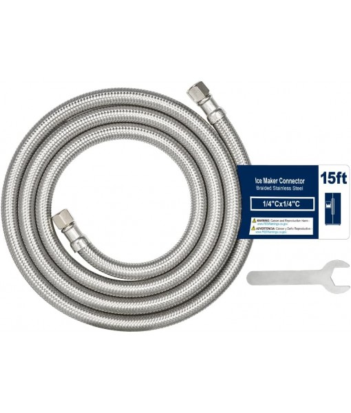 15FT Stainless Steel Braided Ice Maker Supply Line – 1/4″ Compression x 1/4″ Compression Fittings, Lead‑, Burst‑Proof, Universal Fit, NSF/UPC Certified, 10‑Year Warranty