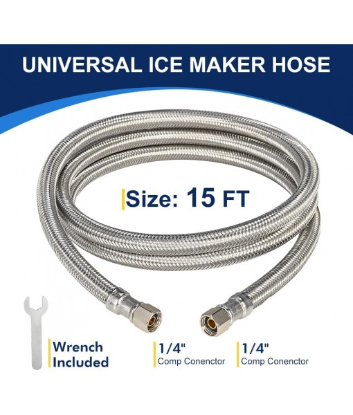 15FT Stainless Steel Braided Ice Maker Supply Line – 1/4″ Compression x 1/4″ Compression Fittings, Lead‑, Burst‑Proof, Universal Fit, NSF/UPC Certified, 10‑Year Warranty