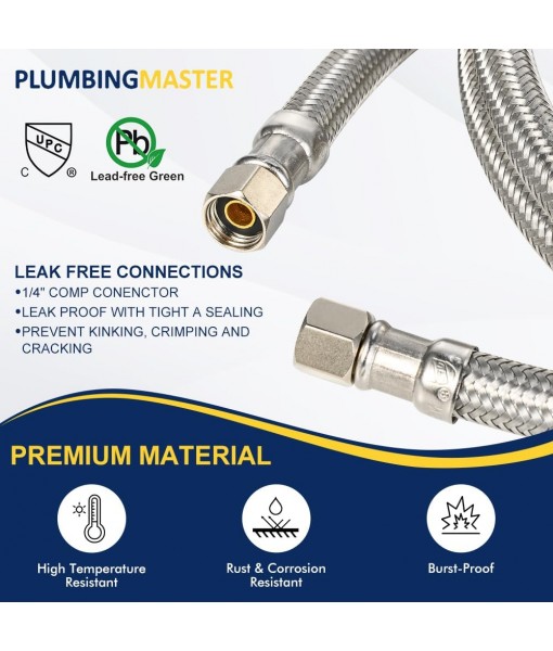 15FT Stainless Steel Braided Ice Maker Supply Line – 1/4″ Compression x 1/4″ Compression Fittings, Lead‑, Burst‑Proof, Universal Fit, NSF/UPC Certified, 10‑Year Warranty