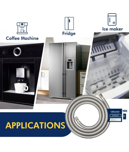 15FT Stainless Steel Braided Ice Maker Supply Line – 1/4″ Compression x 1/4″ Compression Fittings, Lead‑, Burst‑Proof, Universal Fit, NSF/UPC Certified, 10‑Year Warranty