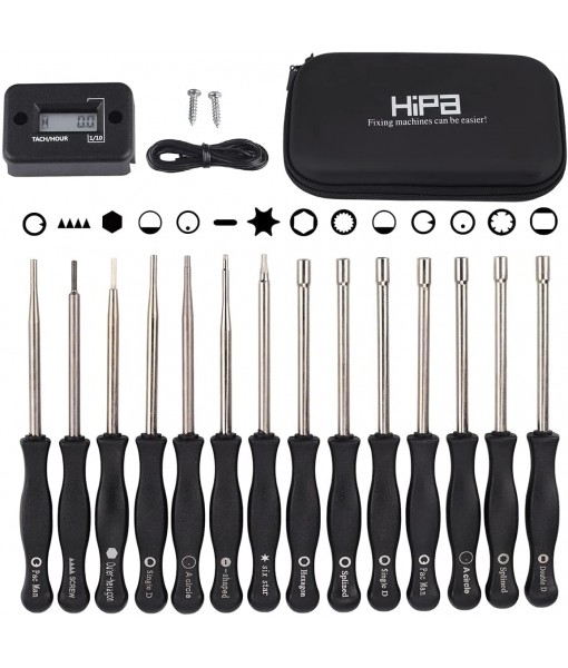 HIPA Pack-of-14 Carburetor Adjustment Tool + RPM Tachometer Hour Meter for 2-Cycle Small Engine, Compatible with Poulan STHIL Echo Ryobi Troy Bilt Trimmer Leaf Blower Weedeater Chainsaw