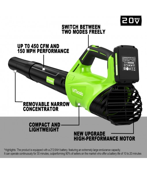 2025 Upgrade Leaf Blower, Leaf Blower Cordless with 2 * 2.6AH Batteries and Fast Charger, 450CFM &150MPH and 2 Speed Mode, Lightweight Electric Leaf Blowers for Lawn,Yard, Leaves, Dust,Snow Care