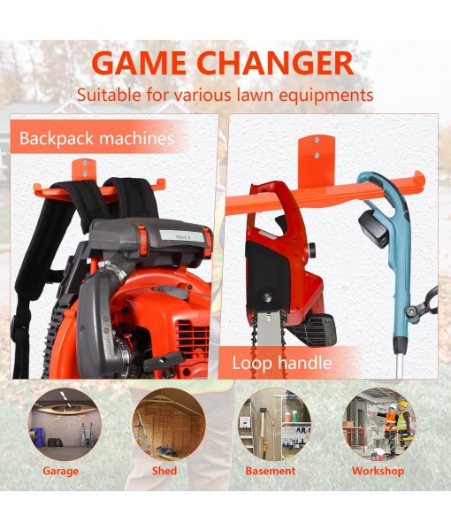 Backpack Blower Rack with Hose Holder - Heavy Duty Backpack Sprayer Wall Mount with Dual-Sided Hooks, Space-Saving Backpack Hanger for Weed Eater, Hedge Trimmer and Chain Saw, 330lbs Load Capacity
