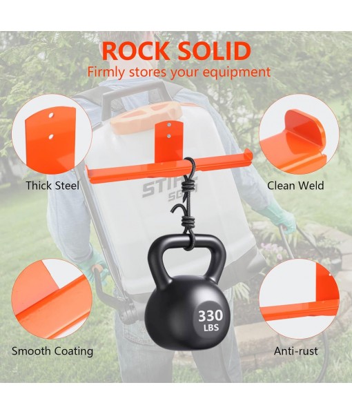 Backpack Blower Rack with Hose Holder - Heavy Duty Backpack Sprayer Wall Mount with Dual-Sided Hooks, Space-Saving Backpack Hanger for Weed Eater, Hedge Trimmer and Chain Saw, 330lbs Load Capacity
