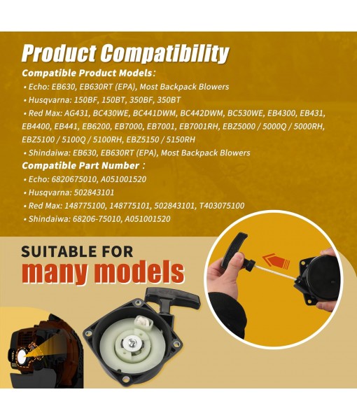 Recoil Starter Pull Start with Starter Claw for Husqvarna 350BF 350BT 150BT 150BF Backpack Blower A051001520 502843101 Redmax 502843101 Echo 6820675010 Shindaiwa 68206-75010 A051001520