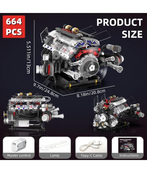 V8 Engine Kits That Works Building Sets,Car Engine Model Kit with Motor and Lights,Visible Piston Movement Mechanical STEM Toy for Car Enthusiasts Adults,Kids(664PCS)
