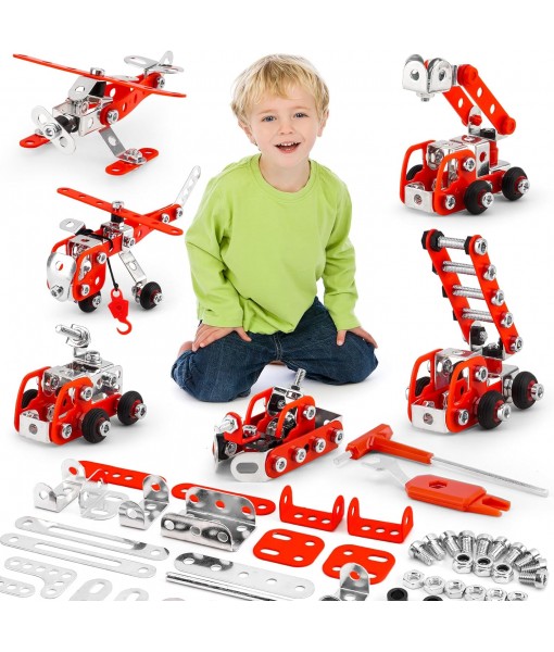 Building Fire Truck Set For Boys Age 8-12，Stem Assembly Metal 3-d Puzzle Fire Engine Model Car Building Kit Construction Toys，Parent-Child Interaction Gifts Erector Sets For Kids 8-16 Red（303pcs）