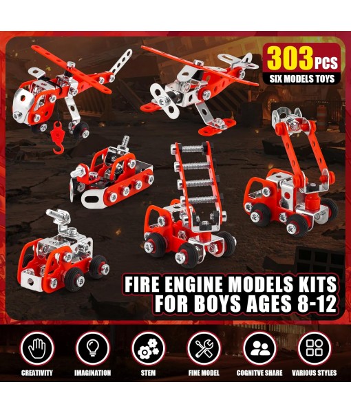 Building Fire Truck Set For Boys Age 8-12，Stem Assembly Metal 3-d Puzzle Fire Engine Model Car Building Kit Construction Toys，Parent-Child Interaction Gifts Erector Sets For Kids 8-16 Red（303pcs）