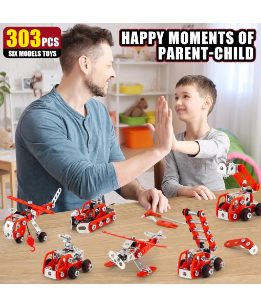 Building Fire Truck Set For Boys Age 8-12，Stem Assembly Metal 3-d Puzzle Fire Engine Model Car Building Kit Construction Toys，Parent-Child Interaction Gifts Erector Sets For Kids 8-16 Red（303pcs）