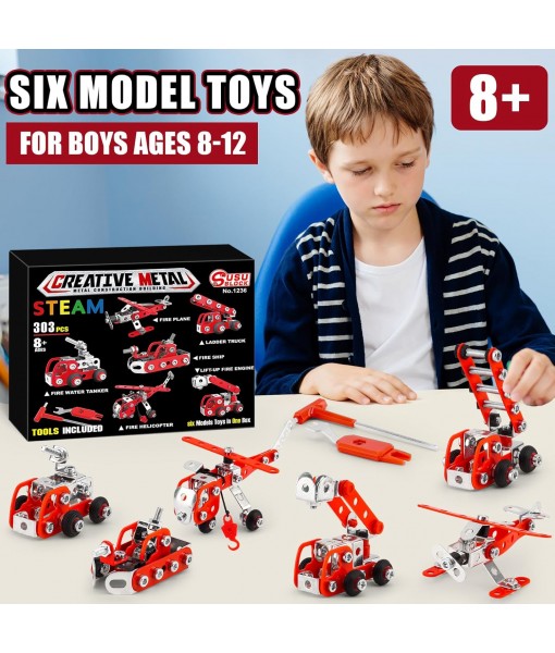 Building Fire Truck Set For Boys Age 8-12，Stem Assembly Metal 3-d Puzzle Fire Engine Model Car Building Kit Construction Toys，Parent-Child Interaction Gifts Erector Sets For Kids 8-16 Red（303pcs）