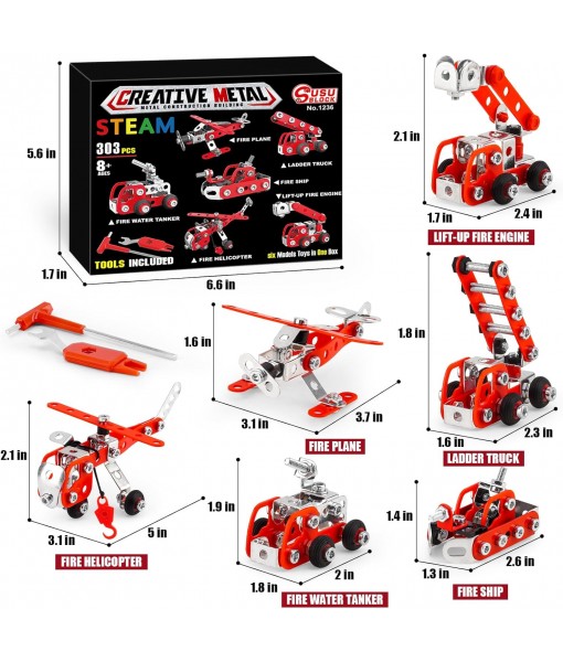 Building Fire Truck Set For Boys Age 8-12，Stem Assembly Metal 3-d Puzzle Fire Engine Model Car Building Kit Construction Toys，Parent-Child Interaction Gifts Erector Sets For Kids 8-16 Red（303pcs）