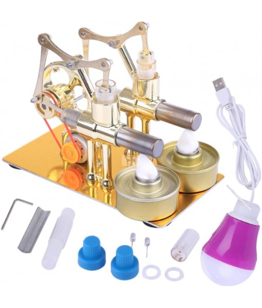 Stirling Engine Model Kit, Hot Double Cylinder Stirling Engine Motor Model Heat Steam Power Engine with Bulb, Mechanical Metal Stirling Motor Electricity Power Generator, Type 3