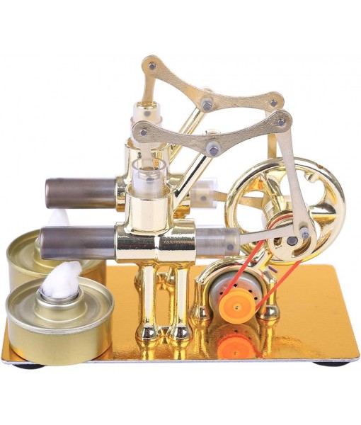 Stirling Engine Model Kit, Hot Double Cylinder Stirling Engine Motor Model Heat Steam Power Engine with Bulb, Mechanical Metal Stirling Motor Electricity Power Generator, Type 3