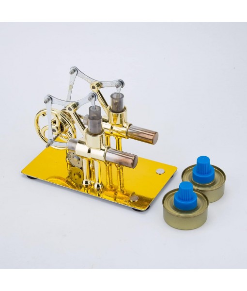 Stirling Engine Model Kit, Hot Double Cylinder Stirling Engine Motor Model Heat Steam Power Engine with Bulb, Mechanical Metal Stirling Motor Electricity Power Generator, Type 3