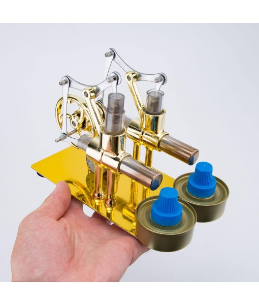 Stirling Engine Model Kit, Hot Double Cylinder Stirling Engine Motor Model Heat Steam Power Engine with Bulb, Mechanical Metal Stirling Motor Electricity Power Generator, Type 3