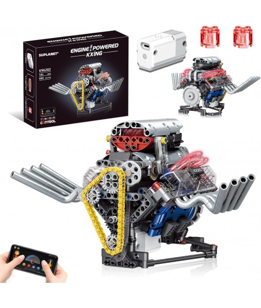 V8 Engine Building Blocks That Run, Visible Mini V8 Car Engine Model Kit with LED Light and App Control, Collectible Set for Adults, Construction Engine Building Set for Kids (665 PCS)