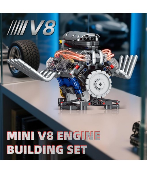 V8 Engine Building Blocks That Run, Visible Mini V8 Car Engine Model Kit with LED Light and App Control, Collectible Set for Adults, Construction Engine Building Set for Kids (665 PCS)
