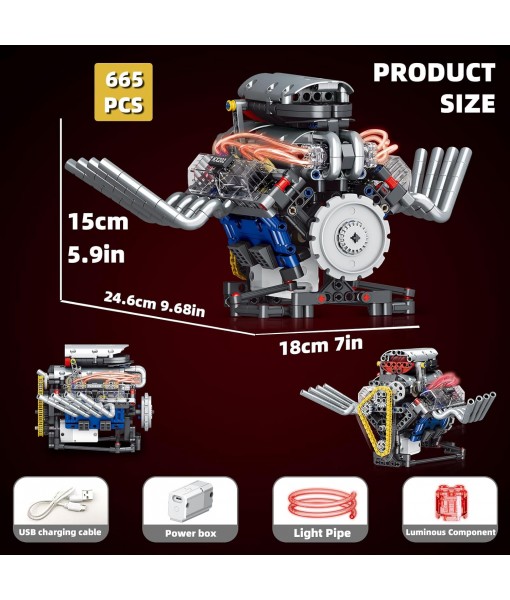 V8 Engine Building Blocks That Run, Visible Mini V8 Car Engine Model Kit with LED Light and App Control, Collectible Set for Adults, Construction Engine Building Set for Kids (665 PCS)