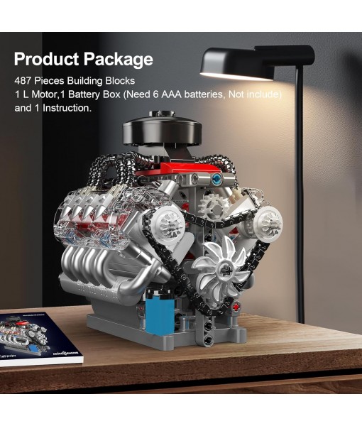 Mould King 10171 V8 Engine Model Kit That Works, 8 Cylinder Car Engine with Motor, Building Blocks Collectibles for Adults, STEM Build Set (487 Pieces)