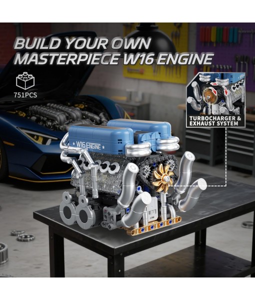 W16 Engine Building Kit (Twin V8 Design), 751 PCS to Build Your Own W16 Engine Model Kit for Kids Boys, Compatible with Lego Engine Sets for Boys 8-14, STEM Building Blocks Toys for Kids Adult