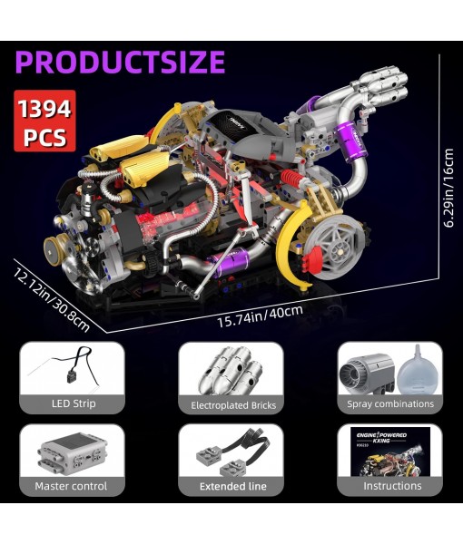 V8 Engine Building Block Sets, V8 Engine Model Kit That Runs, Build Your Own Engine Model Toy with Spray & Light,STEM Engineering Building Blocks for Adults/Boys 8-14(1394PCS)
