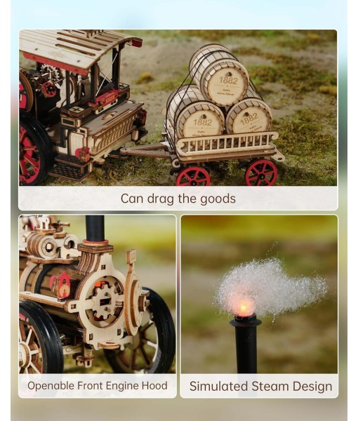 ROKR 3D Puzzle for Adults 469pcs Electric Vintage Car Steam Engine Model Kits, Mechanical Wooden Assembly Puzzles Vehicle DIY Hobbies Christmas Gifts for Men Women