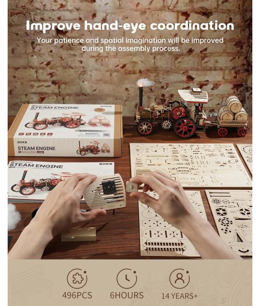 ROKR 3D Puzzle for Adults 469pcs Electric Vintage Car Steam Engine Model Kits, Mechanical Wooden Assembly Puzzles Vehicle DIY Hobbies Christmas Gifts for Men Women