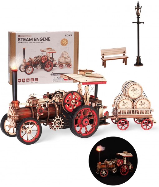 ROKR 3D Puzzle for Adults 469pcs Electric Vintage Car Steam Engine Model Kits, Mechanical Wooden Assembly Puzzles Vehicle DIY Hobbies Christmas Gifts for Men Women