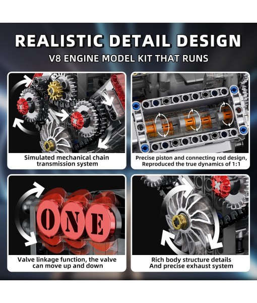 V8 Engine Building Set,V8 Engine Model kit That Run,Build Your Own STEM Mini V8 Model Engine Kit with Battery and Motor,8-Cylinder Car Engine Building Engineering Toys for Kids Adults(478PCS)