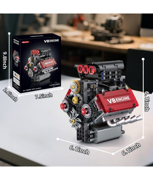 V8 Engine Building Set,V8 Engine Model kit That Run,Build Your Own STEM Mini V8 Model Engine Kit with Battery and Motor,8-Cylinder Car Engine Building Engineering Toys for Kids Adults(478PCS)