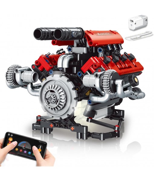 V8 Engine Model Kit That Work - 8-Cylinder Visible Engine Building Blocks Set with Motor, LED Light & APP Control - Build Your Own Engineering Kit, STEM Project for Adults & Kids (660 PCS)