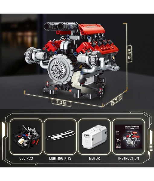 V8 Engine Model Kit That Work - 8-Cylinder Visible Engine Building Blocks Set with Motor, LED Light & APP Control - Build Your Own Engineering Kit, STEM Project for Adults & Kids (660 PCS)