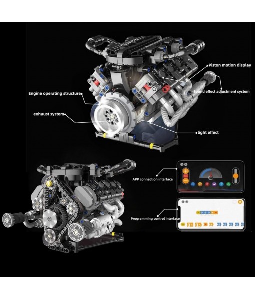 V8 Engine Building Kits That Runs with Motor - 715+Pcs Build Your Own Visible APP Controls Mini V8 Engine Model,8-Cylinder Transparent Design Car Engine Building Engineering Set for Adults