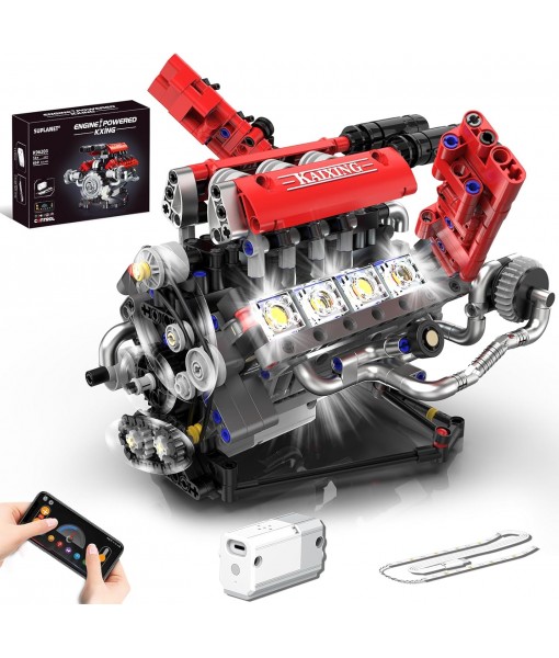 Mini V8 Engine Building Kit That Runs，Engine Building Blocks with LED Light for Adults, Visible Engine Model Set Construction STEM Toy for Kids Boys (660 PCS)