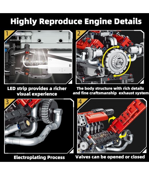 Mini V8 Engine Building Kit That Runs，Engine Building Blocks with LED Light for Adults, Visible Engine Model Set Construction STEM Toy for Kids Boys (660 PCS)