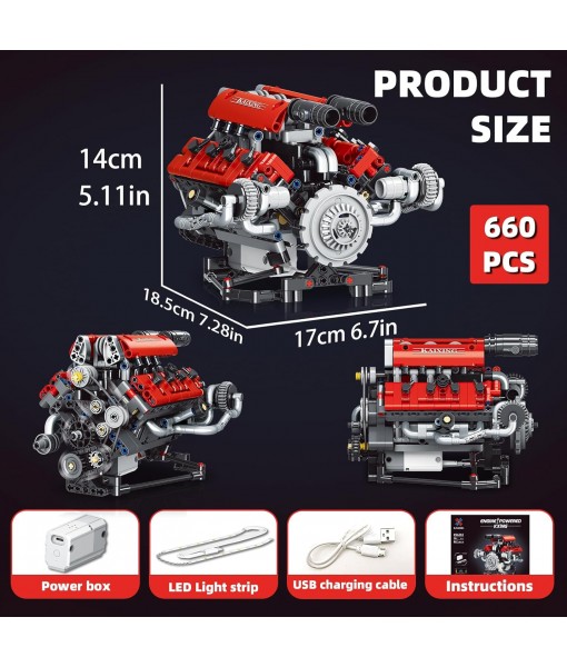 Mini V8 Engine Building Kit That Runs，Engine Building Blocks with LED Light for Adults, Visible Engine Model Set Construction STEM Toy for Kids Boys (660 PCS)