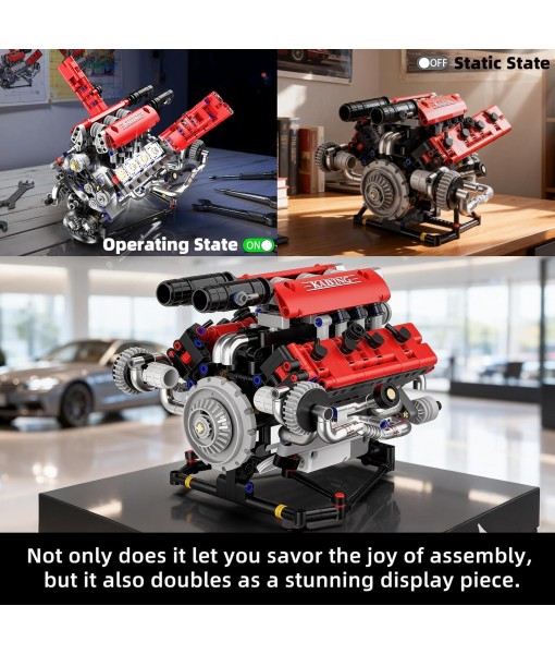 Mini V8 Engine Building Kit That Runs，Engine Building Blocks with LED Light for Adults, Visible Engine Model Set Construction STEM Toy for Kids Boys (660 PCS)