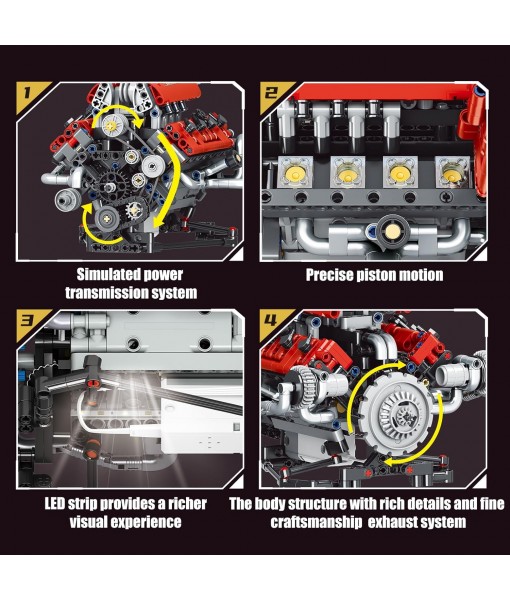 Sports Car Engine Building Blocks Kit,V8 Engine Model That Work Toy,with Motor, LED Light & APP Control for 6+ Years Kids Adults (660 Pieces)