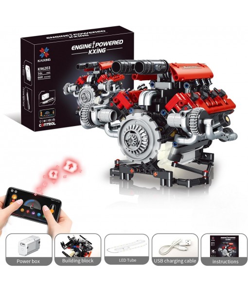 Sports Car Engine Building Blocks Kit,V8 Engine Model That Work Toy,with Motor, LED Light & APP Control for 6+ Years Kids Adults (660 Pieces)